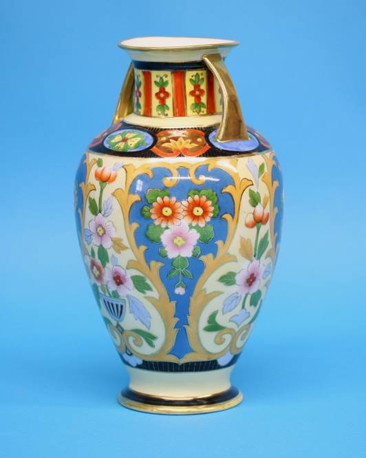 A pair of Noritake vases with gilt looped handles decorated with colourful flowers on a yellow and - Image 21 of 35