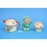 A Shelley Mabel Lucie Attwell 'Boo Boo' three piece tea set comprising; cream jug, mushroom sugar