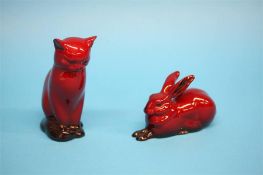 A Royal Doulton Flambe seated cat and a rabbit, printed marks (2)  13.5 cm high and 12 cm long