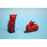 A Royal Doulton Flambe seated cat and a rabbit, printed marks (2)  13.5 cm high and 12 cm long