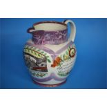 A large early 19th Century Sunderland purple lustre jug, the front with a view of the Iron Bridge,