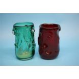 Two Whitefriars 'Knobbly' range glass vases, one green, the other red. (2)  18 cm and 17 cm high
