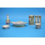 A Chinese Canton enamel shaped dish, a pair of cylindrical vases, a bottle vase etc. (7)