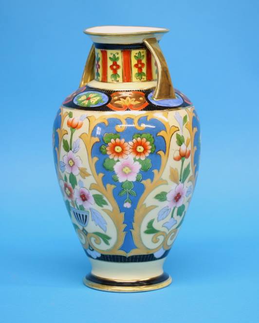 A pair of Noritake vases with gilt looped handles decorated with colourful flowers on a yellow and - Image 15 of 35