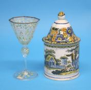 A 19th Century earthenware jar and cover decorated with a rural landscape and a Venetian glass