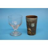A Victorian etched glass rummer, dated 1842 and a horn beaker with metal mount.