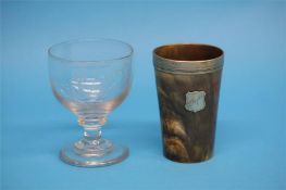 A Victorian etched glass rummer, dated 1842 and a horn beaker with metal mount.