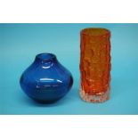 A Whitefriars tangerine Bark vase and a blue glass ovoid shape Whitefriars vase. (2)  19.5 cm high