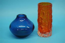 A Whitefriars tangerine Bark vase and a blue glass ovoid shape Whitefriars vase. (2)  19.5 cm high