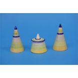 A Clarice Cliff 'Bizarre' Newport condiment set comprising; a mustard pot, conical salt and pepper