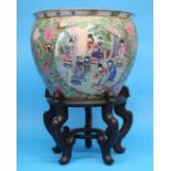 A large modern Chinese fish bowl and a cut glass punch bowl. (2) 38 cm diameter and 24 cm diameter.