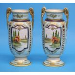 A pair of Noritake vases with gilt acanthus scrolled handles, each decorated with landscaped