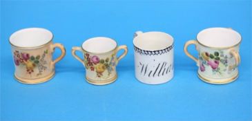 A Royal Worcester tyg, a loving cup, a tankard and a 19th century miniature tankard 'William'. (4)