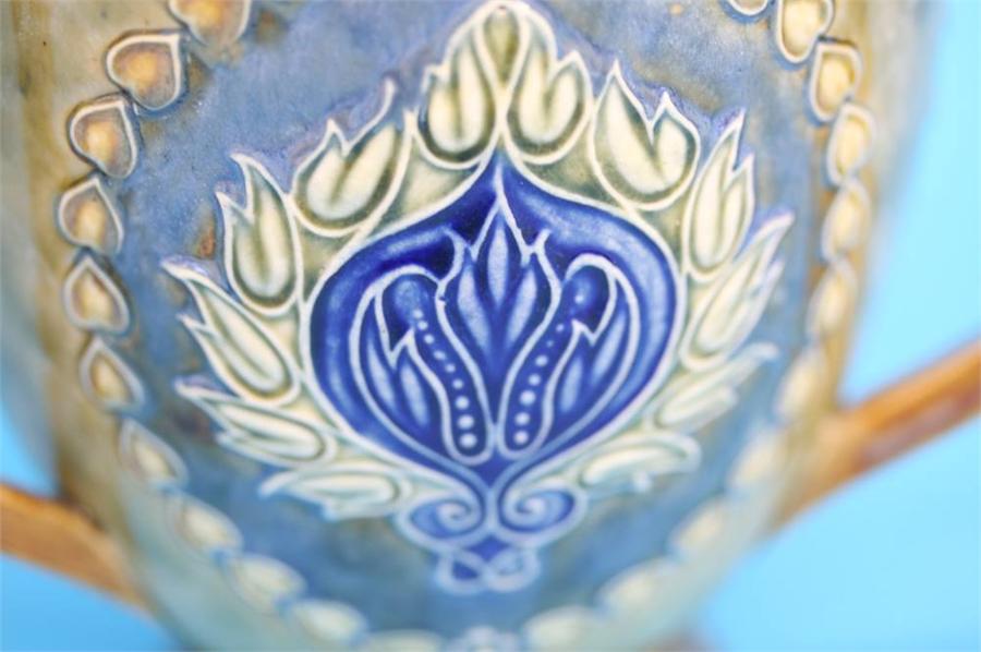 A Royal Doulton stoneware tyg decorated with three panels of stylised flowers, impressed marks, - Image 9 of 24