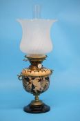A Royal Doulton stoneware and Hinks No.2 Duplex oil lamp, the stoneware decorated with autumnal