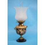 A Royal Doulton stoneware and Hinks No.2 Duplex oil lamp, the stoneware decorated with autumnal