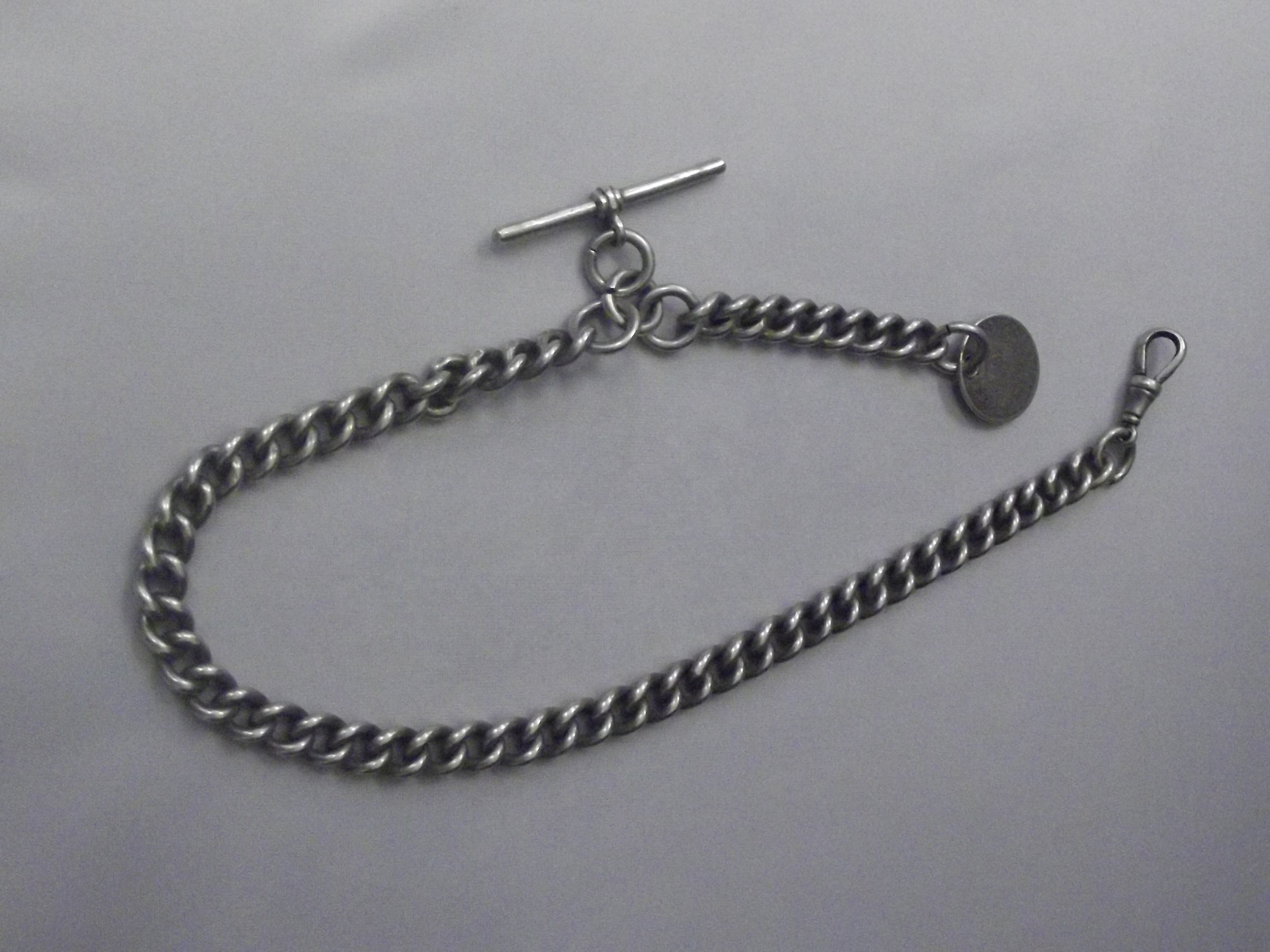 Sterling Silver Albert Chain with T-Bar and 1888 six pence, 64grams