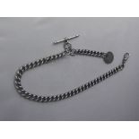 Sterling Silver Albert Chain with T-Bar and 1888 six pence, 64grams