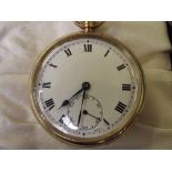 A 9ct gold Rotherhams, English case pocket watch. Service inscription to the inner case. In the