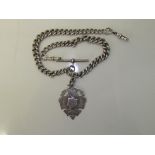 Silver double Albert chain with T bar and fob, 69 grams, Chester hallmark