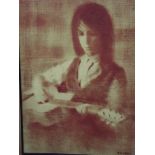A large framed painting by American artist Stilson, painted 1960's. Girl playing guitar. 35 x 24