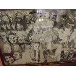 Large framed montage in pencil, stars of stage, screen and sport, 1970's, drawn by John O'Donnell.