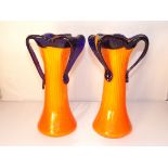 A pair of 1950/60s glass vases. Unusual shape and style with orange and cobalt blue. 20cm high