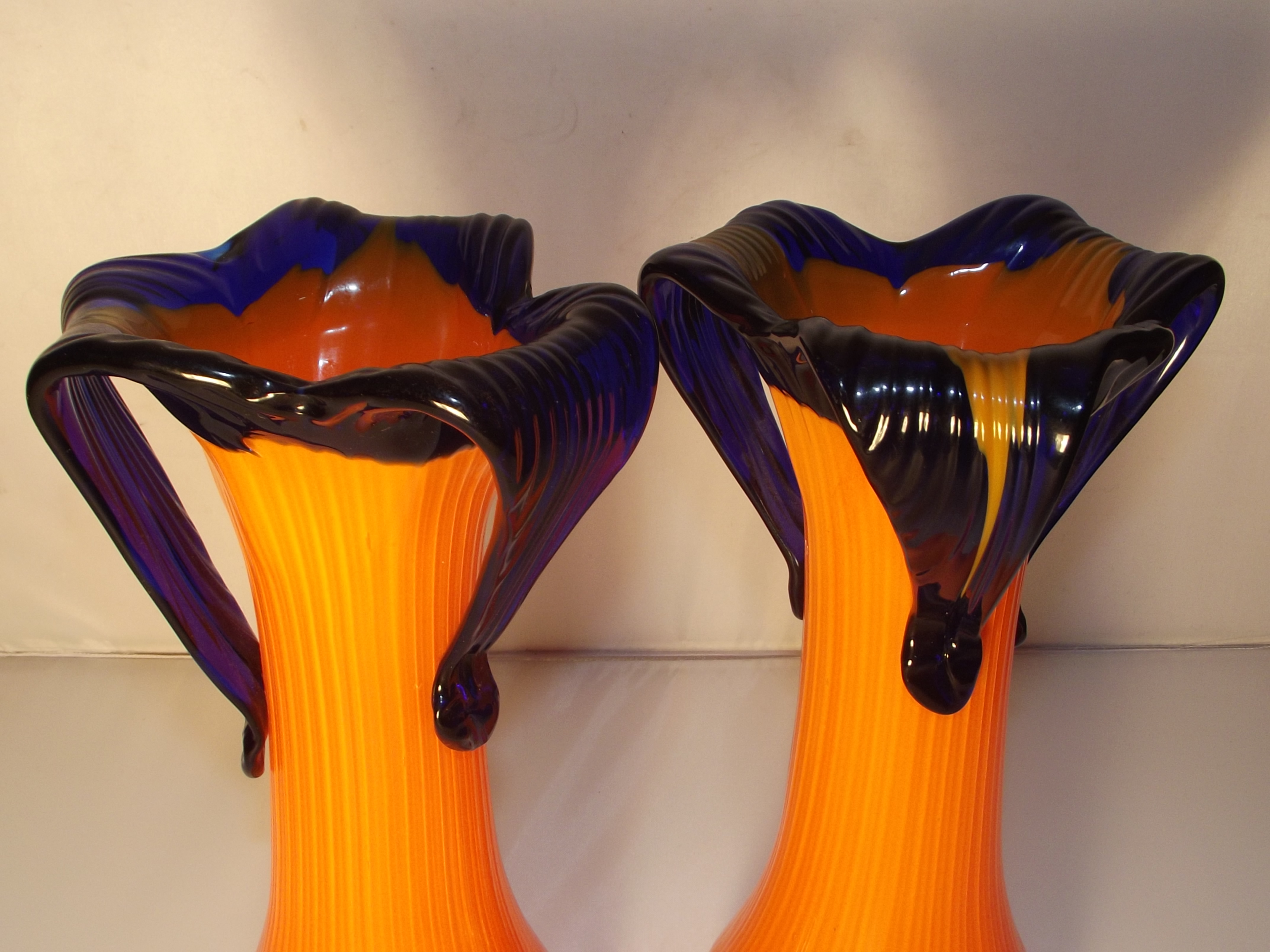 A pair of 1950/60s glass vases. Unusual shape and style with orange and cobalt blue. 20cm high - Image 2 of 2