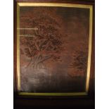 An unusual framed, detailed wood carving of a forest scene with a church in the back ground. 65X55