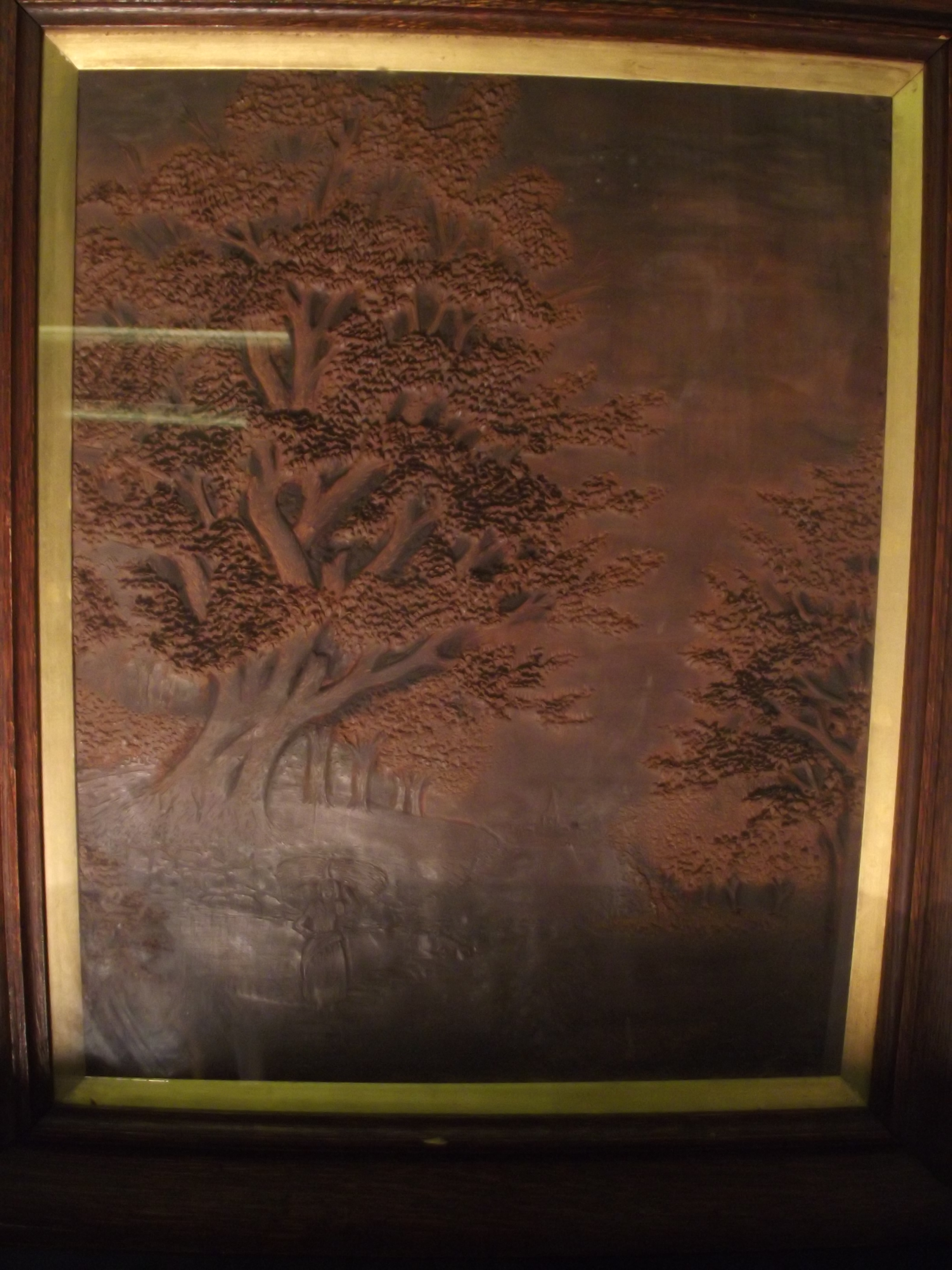 An unusual framed, detailed wood carving of a forest scene with a church in the back ground. 65X55 - Image 2 of 2