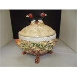 Majolica style game pie tureen, signed by Bolton artisan Shaun Greenhalgh, 20cm in diameter, 23cm in