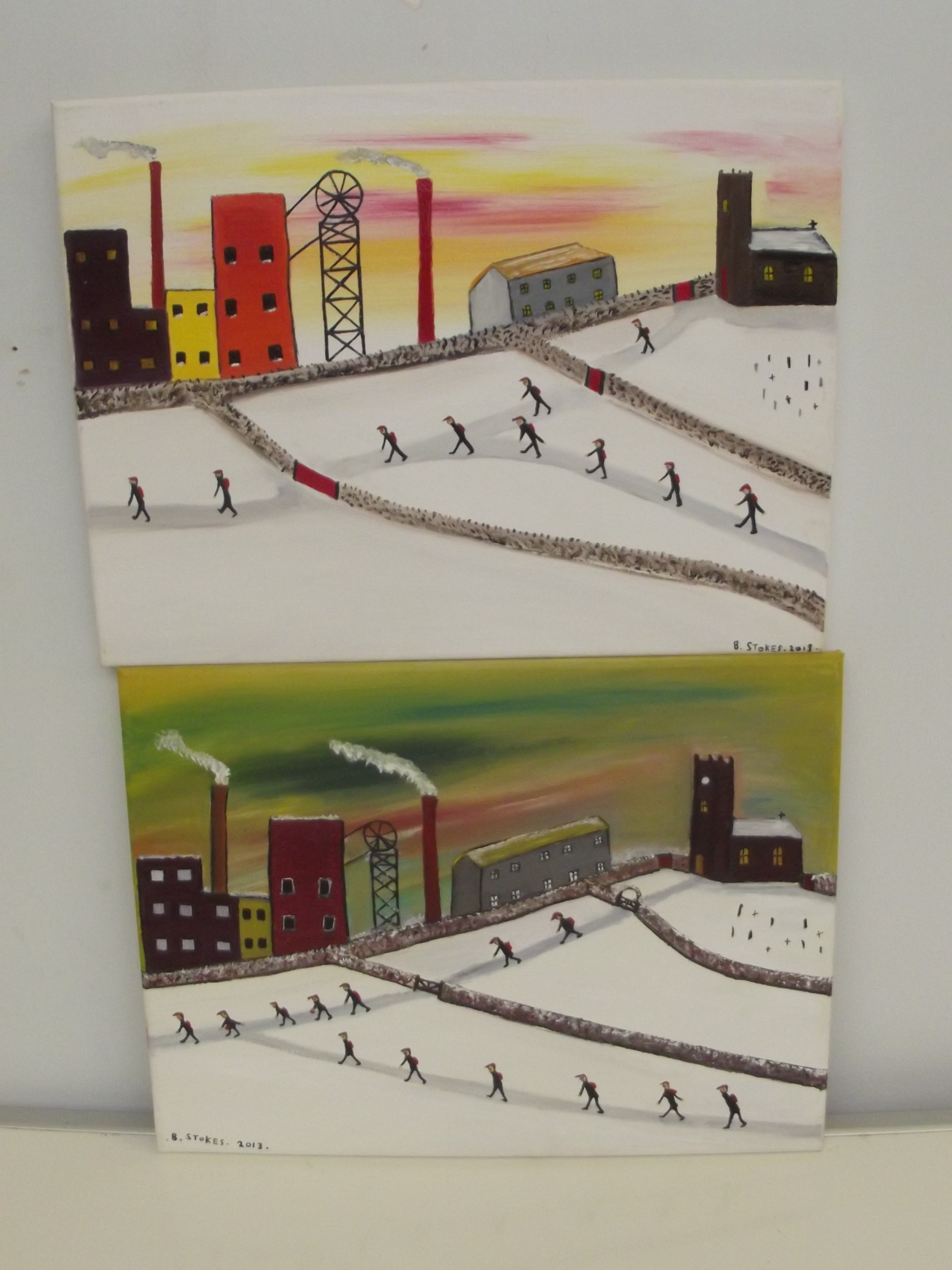 Two oil on canvas. Colliery scenes, signed and dated 2013 B. Stokes. 30 X 40 cm.