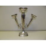 Silver epergne, central tapering vase with concave facets, flanked by two smaller vases, Chester,