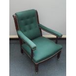 Gentlemans Victorian fireside chair upholstered in jade green silk brocade with fish scale
