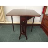 Edwardian mahogany Sutherland table of square form, open slat ends with swept legs, 66cm x 66cm,