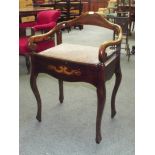 19th century mahogany piano stool with carved supports and scroll arms, lift up seat, transfer