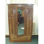 Walnut hand stripped (dry) mirror front wardrobe with exposed base drawer and brass handles and