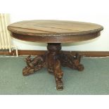 South German ? Circular dining table in solid oak with carved animiliar feet extending (no leaves)