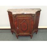 Italian marquetry side cabinet with marble top, convex side panels and mounted in ormalou with