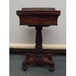 William IV rosewood teapoy, reeded and carved pedestal, four caddy interior and two compartments for