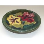 Moorcroft pottery plate tube lined in the Hibiscus pattern against a green ground, impressed