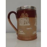 Doulton Lambeth stoneware tankard with sprig hunting scene decoration . silver mount engraved '