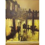 Barry Hilton oil on canvas depicting figures and carriage on gas lit street, signed, 20" x 16"