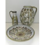 Large Denby pottery jug and bowl together with a smaller jug, all by Glenn Colledge, height of