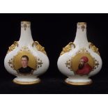 Pair of Kerr & Binns Worcester pilgrim flasks, hand painted with portraits of Pope Clement VII and