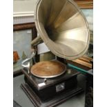 A HMV wind-up gramophone with horn