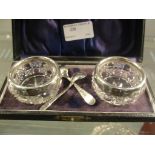 Cased HM silver-rimmed glass salts and s