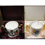 Two Paragon boxed two-handled loving cups, 'The Queen Mother 1900 - 1980'; 'Silver Jubilee 1977'