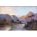 F. E. Jamieson (British, 19th/20th century):
figures in a sunset highland landscape, oil on canvas,