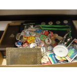 A box of odds: vintage badges, coins and trading cards